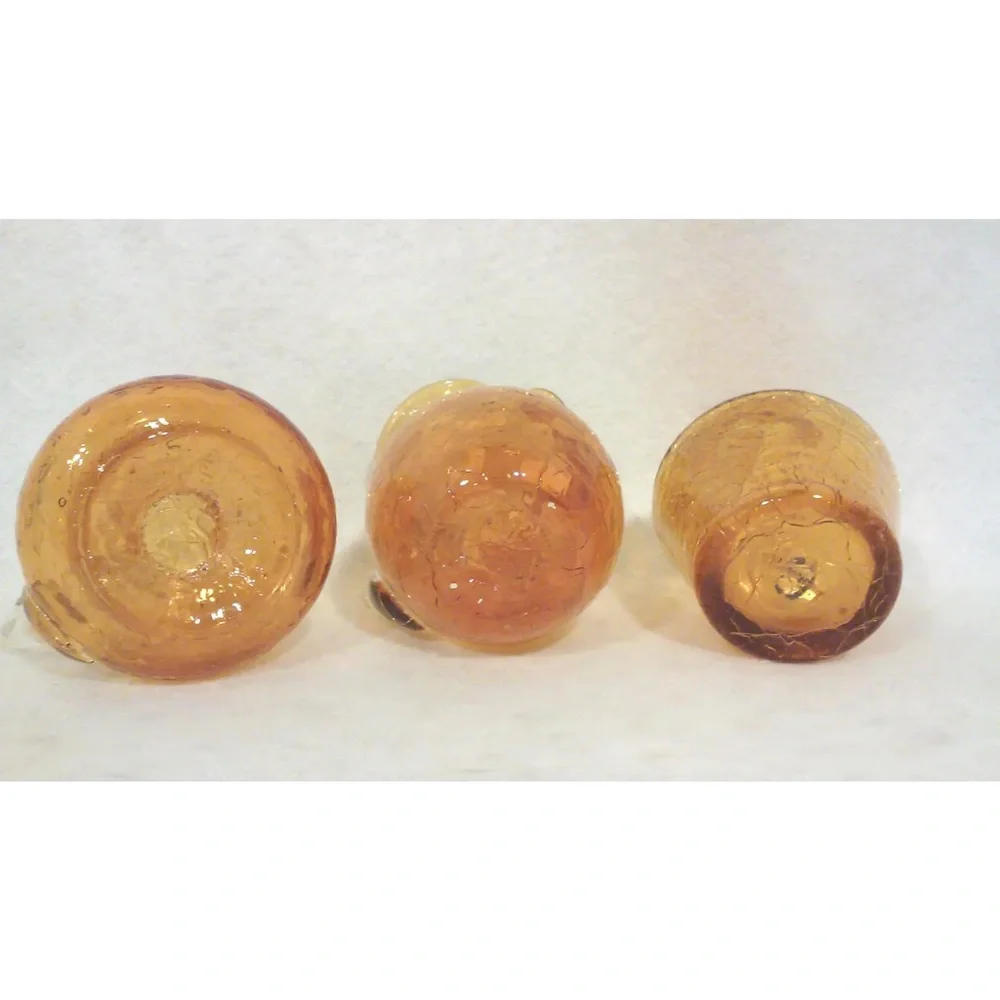Set of Three Vintage Blenko Miniature Amber Crackle Glass Vase Pitchers